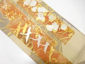 アンティーク　金彩群鶴に菊・観世水模様刺繍袋帯（材料）